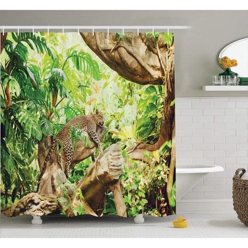 Safari Decor Shower Curtain Set, Leopard On The Branch in Savanna Exotic Macro Tropical Leaf Jungle Wild Nature Art Photo