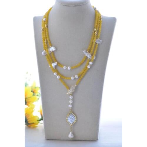 Z11029 56" Yellow Jade White Round Plum-blossom Edison Biwa Pearl Necklace CZ