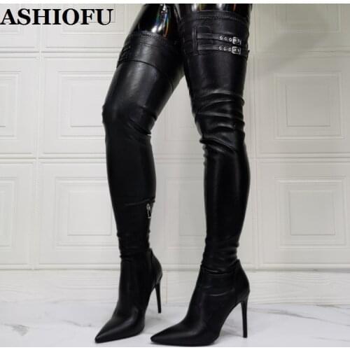ASHIOFU New Wholesale Ladies High Heel Boots Sexy Night Club Real Pictures Large Size Fashion Evening Club WinterLong Boot-shoes