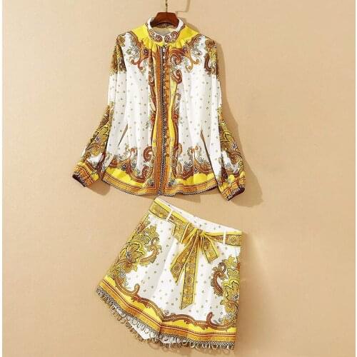 QUALITY Newest HIGH Fashion 2021 Designer set Womens Stand Collar Long Sleeve shirt Sashes short pant vintage Floral Print set