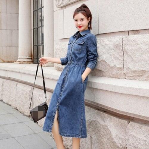 2021 New Denim Midi Dress Female Spring Autumn Long Sleeve Jean Shirts Dress Vintage High Waist Office Lady A-Line Dress S-2XL