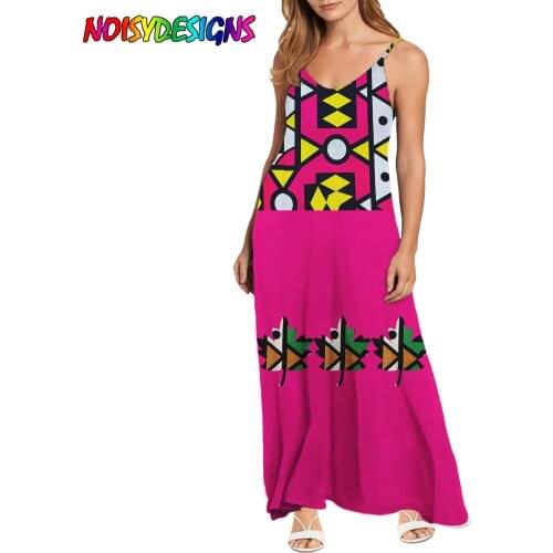NOISYDESIGNS 2021 Fashion Womens Summer Long Dress Sling V Neck No-Sleeve Pink Ankara Geometry Printed Girl Casual Sundress