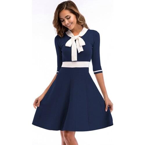 2021 Spring Autumn Women Elegant midi Dress With Bow Tie Neck Office Lady Dress half Sleeve Party Vestidos knee-length dresses