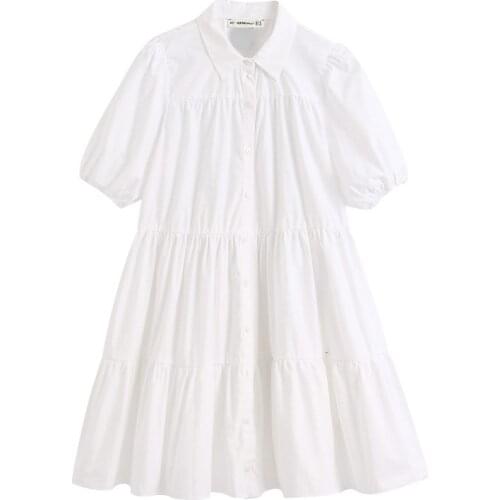 Short Sleeve Dress Puff Sleeve Pleated White Black Big Swing Shirt Dress Young Vestidos Chic Leisure Women Clothing Fashion
