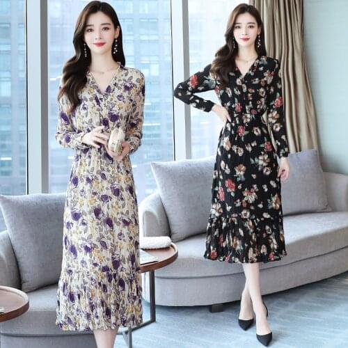 Autumn Winter Vintage Floral Casual Midi Dress Plus Size Long Sleeve Boho Beach Dresses 2021 Korean Elegant Women Party Vestidos