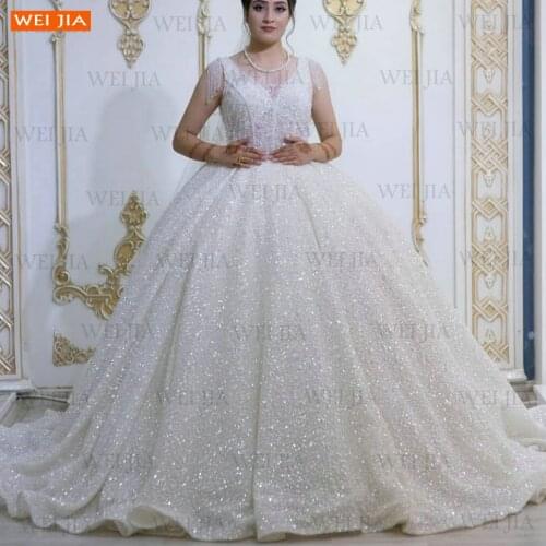 Sparkly Crystal Wedding Gowns 2021 White Vestidos De Noiva Sequins Fluffy Ball Gown Bridal Dresses Robe De Mariee Custom Made