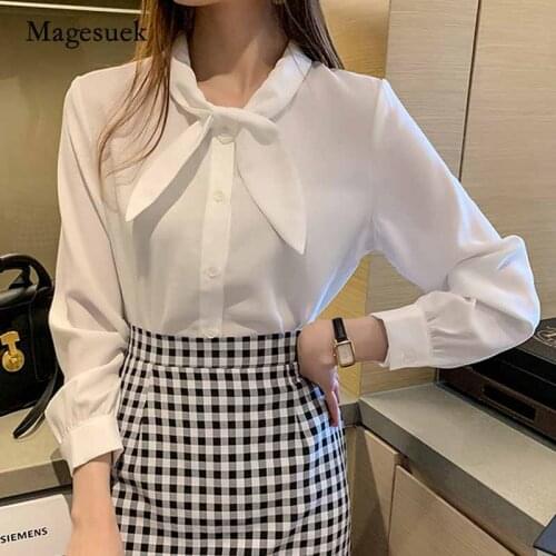 Long Sleeve Bow Collar Office White Blouse Women Fashion Plus Size Women Tops Blouses Solid Chiffon Shirts Female Blusas 10686