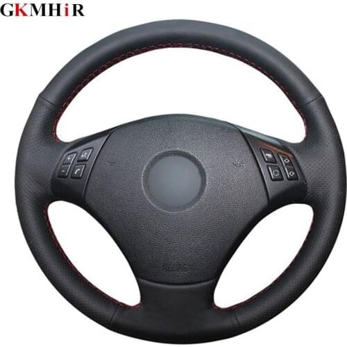 GKMHiR Black Hand-Stitched Genuine Leather Car Steering Wheel Cover for BMW E90 320 318i 320i 325i 330i 320d X1 328xi 2007
