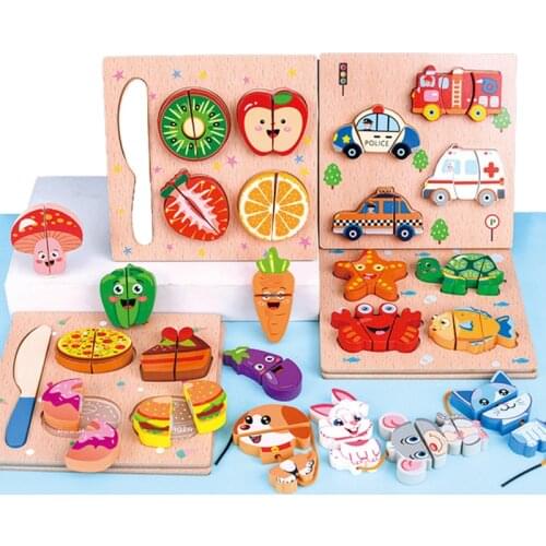Montessori Wooden Cuting Beaded Puzzle Toy Children Early Education Cut Fruits Vegetables Traffic 3D Puzzle Beads Play House Toy