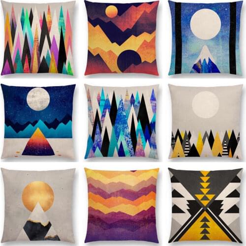 Hot Sale Sun Moon Dreamy Peaks Colorful Mountains Surrealism Triangles Geometric Pattern Rainbow Cushion Decor Sofa Throw Pillow