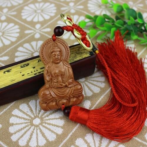 Customized Peach Wood Car Pendant Topping Guanyin Wooden Crafts Keychain Car Pendant Decoration Handmade Car Interioer Ornaments