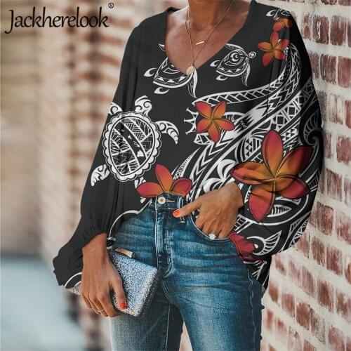 Jackherelook Large Size Blouse Woman Top Shirt Polynesian Tribal Hawaii Turtle Hibiscus Print Casaul Female Clothing Blusa Mujer