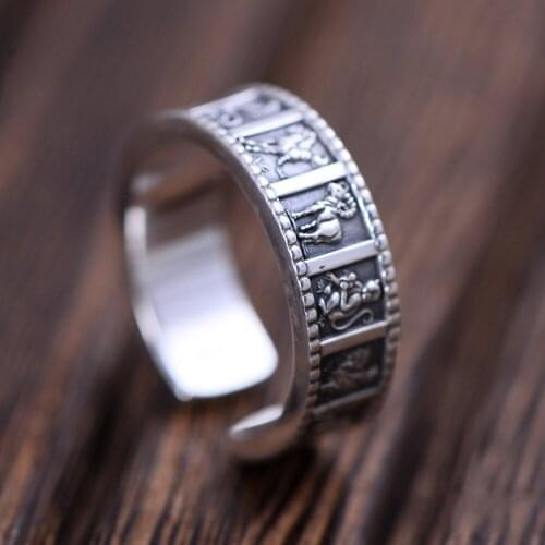 2020 new real pure s990 sterling silver jewelry retro Thai silver zodiac good luck ring adjustable men and women ring