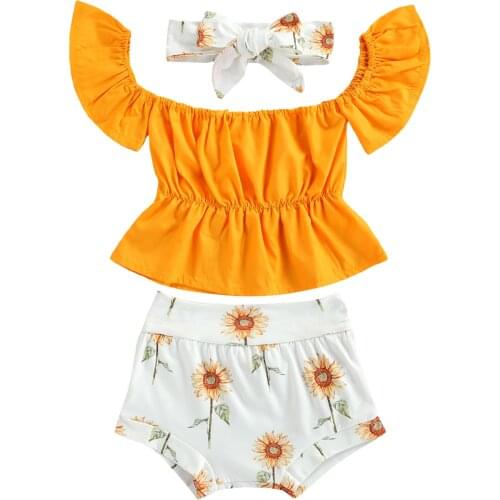 3Pcs Baby Newborn Girls Outfits Solid Short Sleeve Top Floral Print Shorts Bow Knot Headband Summer Infant Toddler Sets 0-18M