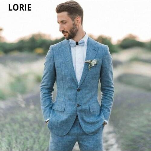 LORIE 2 Pcs Men Suits For Wedding 2020 Sky Blue Wool Plaid Jacket Woolen Blazer Slim Fit Groom Wear Coats+Pants Tailor-Made