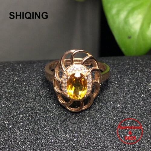 SHIQING Fine Jewelry Oval real nature citrine yellow topaz flower sterling silver ring for girl