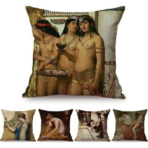 Sexy Handmaidens Ancient Rome Oil Painting Art Decoration Sofa Throw Pillow Cover Vintage Sexy Woman Pattern Linen Cushion Cover