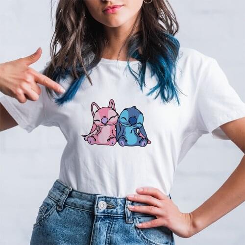 Summer New Products Disney T Shirt Women Short Sleeve Lilo & Stitch Cartoon Printing Harajuku Black White T-Shirt Female Comfort
