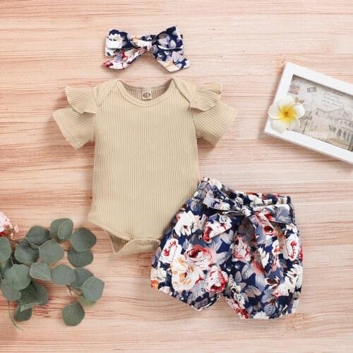 Newborn Baby Girls Clothes Summer Toddler Infant Short Sleeve Ruffles Romper+Bow Floral Print Shorts Headband Outfits Set