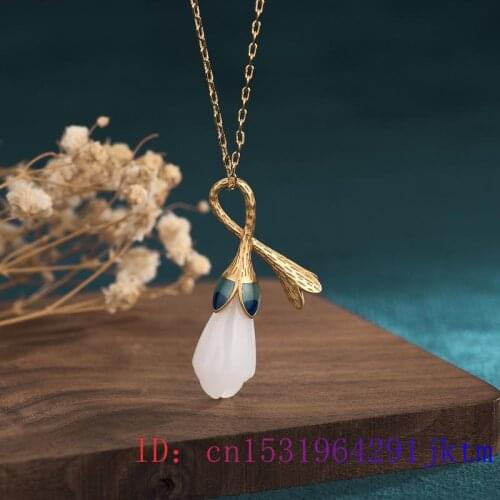 White Jade Flower Pendant Crystal Jewelry Women Natural Fashion Necklace Chalcedony Charm Chinese 925 Silver Zircon Gifts
