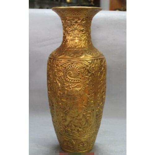 S00268 17" Marked China Purple Bronze 24K Gold Four big beast Dragon Flower Vase Statue