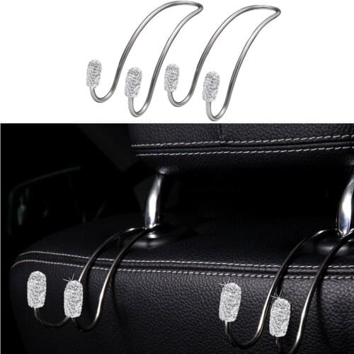 2 Pcs Car Headrest Hangers Bling Diamond Universal Seat Back Organizer Hooks Bag Rack Durable Auto Backseat Storage Hooks