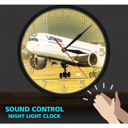 Airplane Taking Off Aviation Pilot Metal Frame LED Wall Clock Lawn Airport Aircraft Aviator Home Decor Sound Control Wall Watch