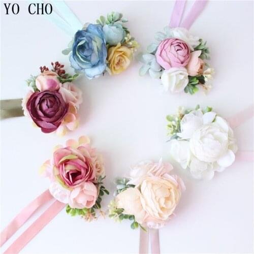 YO CHO Wedding Flower Corsage Groom Boutonniere Pin Bridal Wrist Corsage Champagne Blue Bridesmaid Bracelet Men Prom Accessories