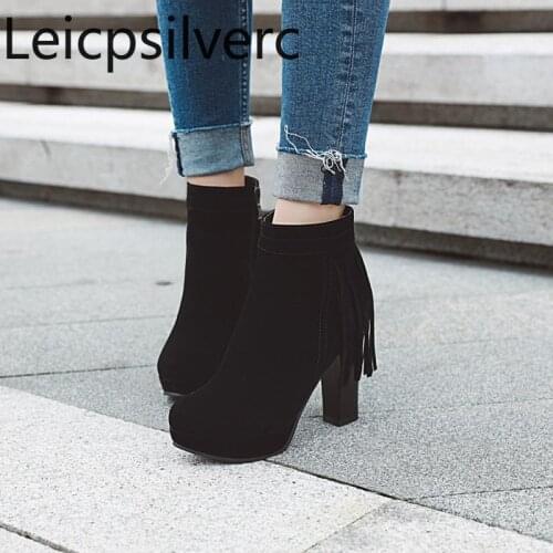Womens Boots The New winter tassel fashion Round head zipper High heel Womens shoes plus size 34-43 Heel Height 10.5cm black