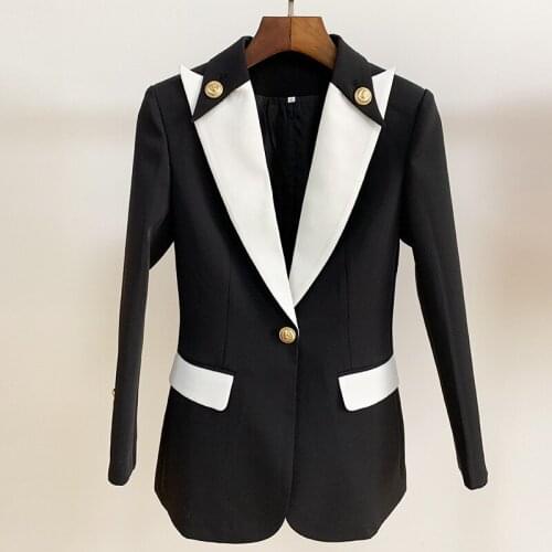 Free Shipping 2021 Autumn Winter Women Blazer Designer Fashion Collar Buttons Black And White Patchwork Elegant Lady Formal