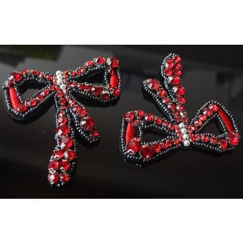 1 Piece Red Color Beads bow rhinestones patches sew on beading applique clothes sweater shoes bags patch DIY accessories