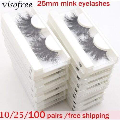 10/50/100PCS Bulk Visofree 25MM Mink False Eyelashes Wholesale 3D Mink Lashes White Tray Label Makeup Dramatic Long Mink Lashes