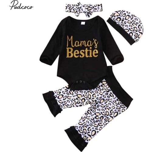 2020 Newborn Infant Baby Girl Clothes Spring Cotton Top Long Sleeve Letter Romper Leopard Long Pants Headband Outfits Baby 4Pcs