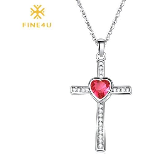 FINE4U N602 Infinity Love God Cross CZ Pendant Necklace for Birthday Gift Heart Shape Zircon Chain Necklace