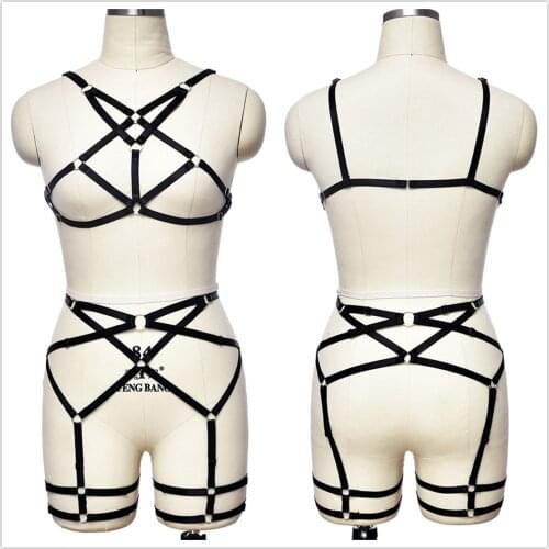 Black Bridal Wedding Harness Garter Body Cage Set Women Fetish Wear Crop Top Open Chest Bondage Body Harness Bustier