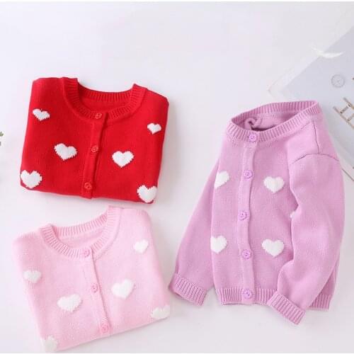 Kids Knitting Cardigan Sweet Girls Love Heart Single Breasted Sweater Spring Autumn O Neck Long Sleeve Tops Outerwear