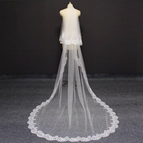 Elegant 2 Layers Wedding Veil with Comb 3 Meters 2T White Ivory Long Lace Bridal Veil with Blusher Bride Headwear