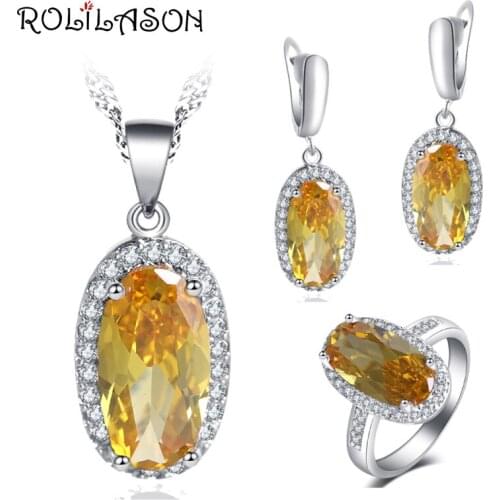 ROLILASON Luxury Design Elegant Oval shape Set For girl Yellow Zircon silver plated Earrings Necklace Rings Jewelry Sets JS756