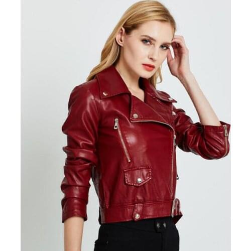 Black/Wine Red Female Leather Jackets Short Section Small Coats Spring Autumn Women Turn Down Collar Sashes Leather Coats J3454