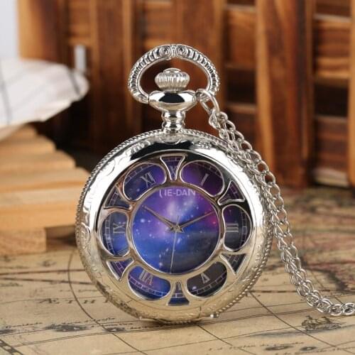 Starry Sky Quartz Pocket Watch Silver Sweater Chain Necklace Pocket Watch Pendant Gifts for Men Women Kids Ulzzang