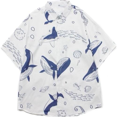 Summer Korean hip-hop whale print loose casual retro short-sleeved shirt women