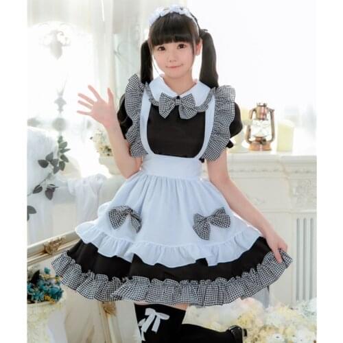 Lolita Bowknot French Maid Uniform Woman Girls Cute Black White Plaid Ruffle Dress Cosplay Waitress Maid Party Anime Costumes