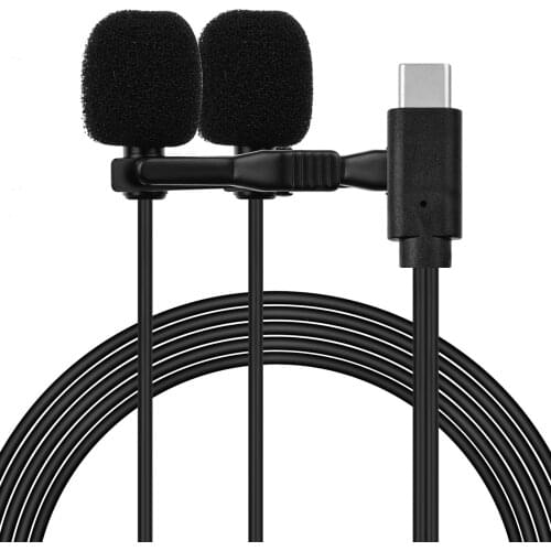 Lavalier Lapel Microphone Clip-on Omnidirectional Mic Dual Head 2.5m Cable for USB Type-C for Interview Video Recording
