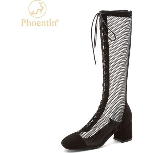 Phoentin Korean style Knee high Summer mesh Boots 2021 Woman Long back zip Boots Fashion high Heel Shoes large size balck FT1555