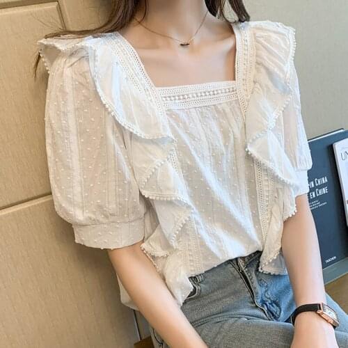 Casual Short Sleeve Lace Shirts Summer 2021 French Style Chic Lace Blouse Women Shirt Square Collar Ruffles Blouse Blusas 13760