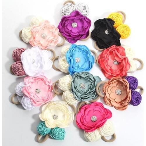 50Pcs/Lot Fashion Burned Satin Chiffon Hair Flowers Headbands For Kids Girls Nylon Headband Headwear For Hair Accessories