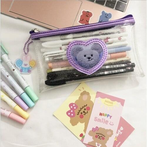 Storage bag Korea Cute girl heart bear pvc transparent pencil case INS student stationery storage bag coin purse card case