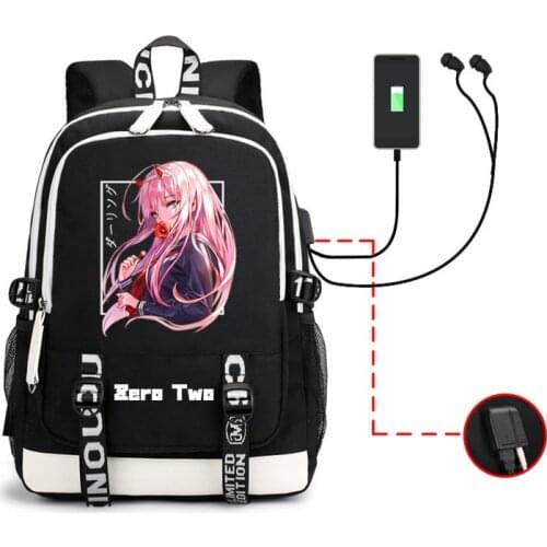 Darling In The Franxx Backpack Anime Print Zero Two USB Black Computer Unisex Travel Student School Bookbag Casual Shoulder Bags
