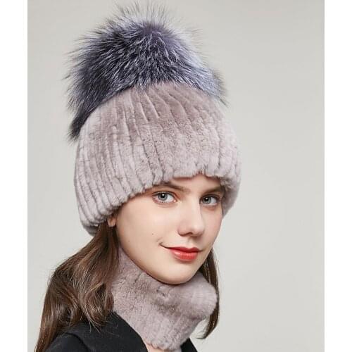 Rex rabbit fur hat women winter rabbit fur knit and silver fox fur ball ear protection cold beanie caps