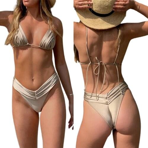 Two Piece Solid Color Lace Up Ruched Swimwear Women Summer Split Swimsuit Set Adults Creative Bikini Sexy Backless Bathing Suit